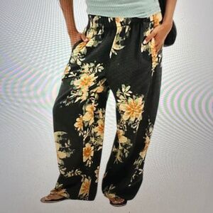 Free People Wide Leg Floral Linen Pants - Size XS - Black and Yellow